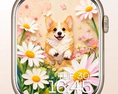 Corgi Daisy Floral Apple Watch Face, Kawaii Dog Smartwatch Wallpaper (Digital Download)