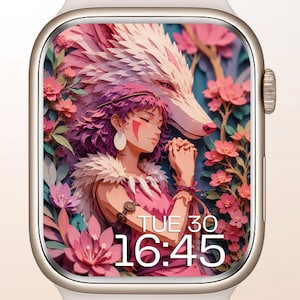 May include: A smartwatch with a screen displaying a colorful anime-style illustration. The artwork features a woman with pink hair and a wolf, surrounded by pink flowers. The time is 16:45 and the day is Tuesday.