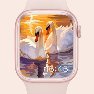 Swan Sunset Apple Watch Wallpaper: Lake Painting Smartwatch Background (Digital Download)