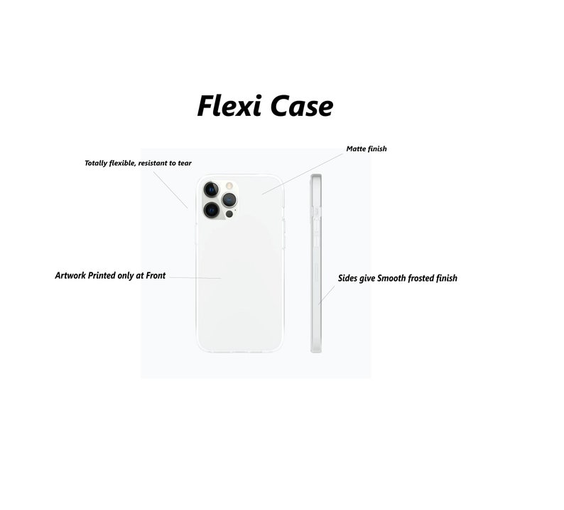 Op de afbeelding: Een witte telefoonhoes met een matte afwerking. De hoes is flexibel en scheurbestendig. De afbeelding is alleen aan de voorkant van de hoes gedrukt. De zijkanten van de hoes hebben een gladde, matte afwerking.