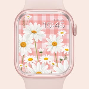 Sunflower Apple Watch Wallpaper: Pink Checkered Floral Design (Digital Download)