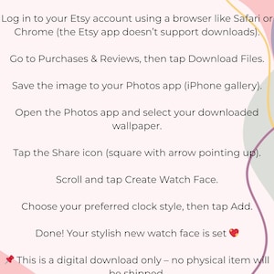 Puede incluir: Una gu&iacute;a de descarga digital sobre un fondo morado claro con formas pastel amarillas, rosas y azules. El texto dice "C&oacute;mo agregar tu fondo de pantalla de Apple Watch" y proporciona instrucciones.