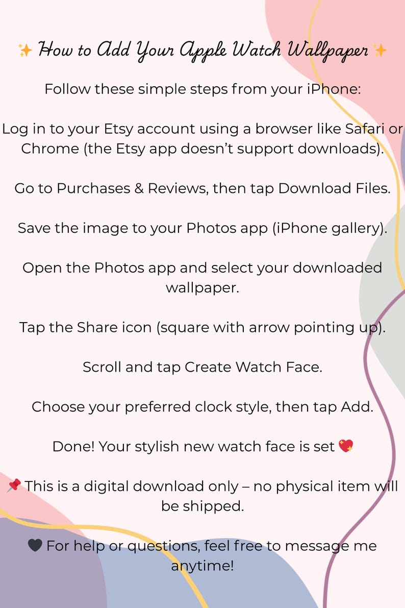 Puede incluir: Una gu&iacute;a de descarga digital sobre un fondo morado claro con formas pastel amarillas, rosas y azules. El texto dice "C&oacute;mo agregar tu fondo de pantalla de Apple Watch" y proporciona instrucciones.