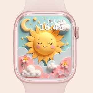 May include: A rose gold smartwatch with a whimsical watch face featuring a smiling yellow sun, clouds, flowers, a crescent moon, and stars. The time is displayed as 16:45 on Tuesday the 30th. The watch band is a matching light pink.