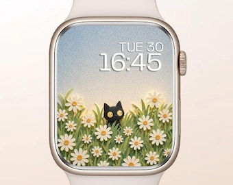 Apple Watch Wallpaper Black Cat In Flower Field (digitale download)