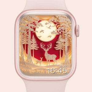 May include: A rose gold smartwatch displays a forest scene with a large deer, a smaller deer, trees, and birds against a red and yellow background. The time is 16:45, and the day is Tuesday, the 30th.