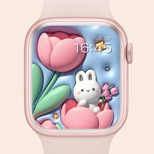 Apple Watch Wallpaper Häschen und Blumen, Cute Kawaii, Pastell Frühling ästhetik Instant für Apple Watch
