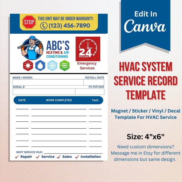 HVAC Service Record Canva Template | Decal/Magnet/Sticker/Vinyl Template | Heating and Air / Furnace Template | Instant Download