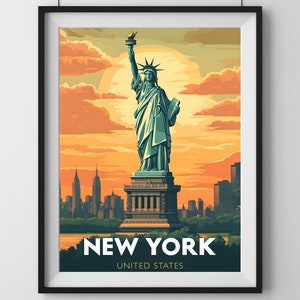 Poster turistico di New York City Statua della Libertà - Stampa murale di un punto di riferimento iconico di New York - Stampa di paesaggi urbani, regalo di nozze, regalo di compleanno