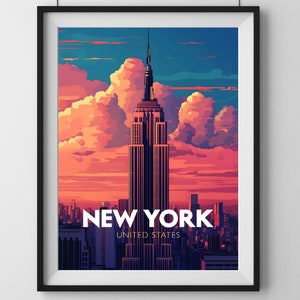 Póster de viaje de la ciudad de Nueva York Empire State Building: arte icónico del horizonte de la ciudad de Nueva York: decoración de pared, regalo de boda, regalo de cumpleaños
