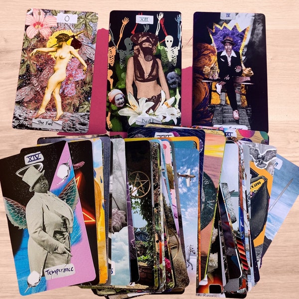 Tarot R.J.C | Jeu de tarot unique Rider Waite | collage vintage | Jeu de tarot millésime | Jeu de cartes de tarot féministe | Indé déjoué