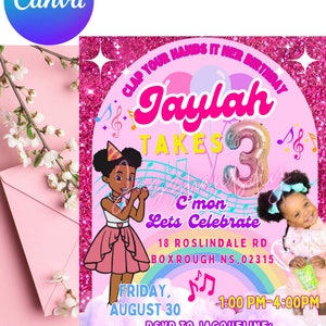May include: A pink and purple birthday invitation with a cartoon girl singing. The invitation says "Clap your hands it's her birthday, Jaylah takes 3, C'mon let's celebrate, 18 Roslindale Rd, Boxrough NS, 02315, Friday, August 30, 1:00 PM-4:00 PM, RSVP to Jacqueline: 123-456-7890."