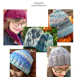May include: An image displaying five knitted hats in different styles and colours. The hats include a deep burgundy cable-knit hat, a blue and white striped hat, and others in shades of blue and grey. The text "Five Knitted Hats" is at the top.