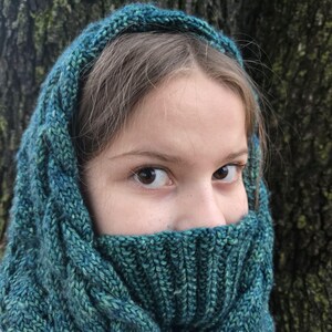 May include: A teal and green knitted cowl, covering the lower face and head. The cowl is made of thick yarn with a textured cable knit design. The background is a blurred view of a tree trunk.