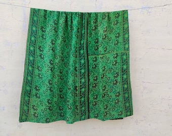 Emerald Green Recycled Indian Sari Patchwork Blanket,Handmade Kantha Quilt indian quilt