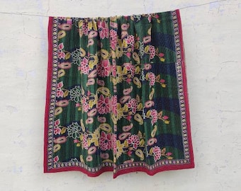 Beautiful boho hippie vintage kantha throw handstiched blanket Bedcover ,rug,ralli, floral print design