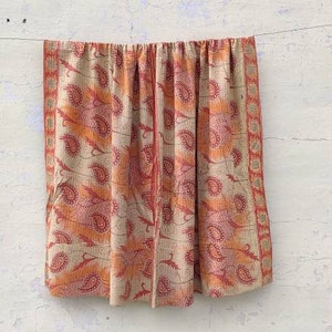 Handmade Twin Kantha Quilt: Block Printed Indian Cotton Bedspread