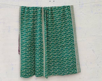 Edredón Kantha vintage indio, hecho a mano, reversible, de algodón, bohemio