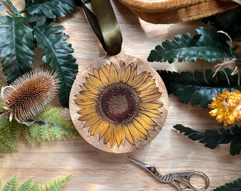 Sunflower Wood Ornament | Original Art, Shadowbox Art, Holiday Ornament, Christmas Ornament