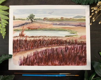 Art Print from Original Watercolor “Bakers Wetland in Autumn” | Wall Art, Bookcase Art, Shelf Art, Landscape Art, Kansas Art