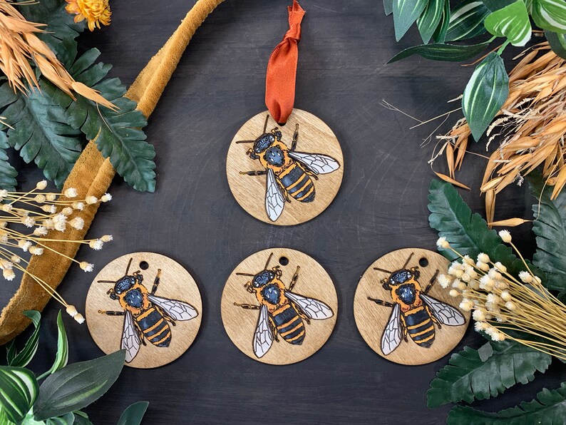 Honeybee Single Layer Wood Ornament Original Art, Shadowbox Art, Holiday Ornament, Christmas Ornament image 2