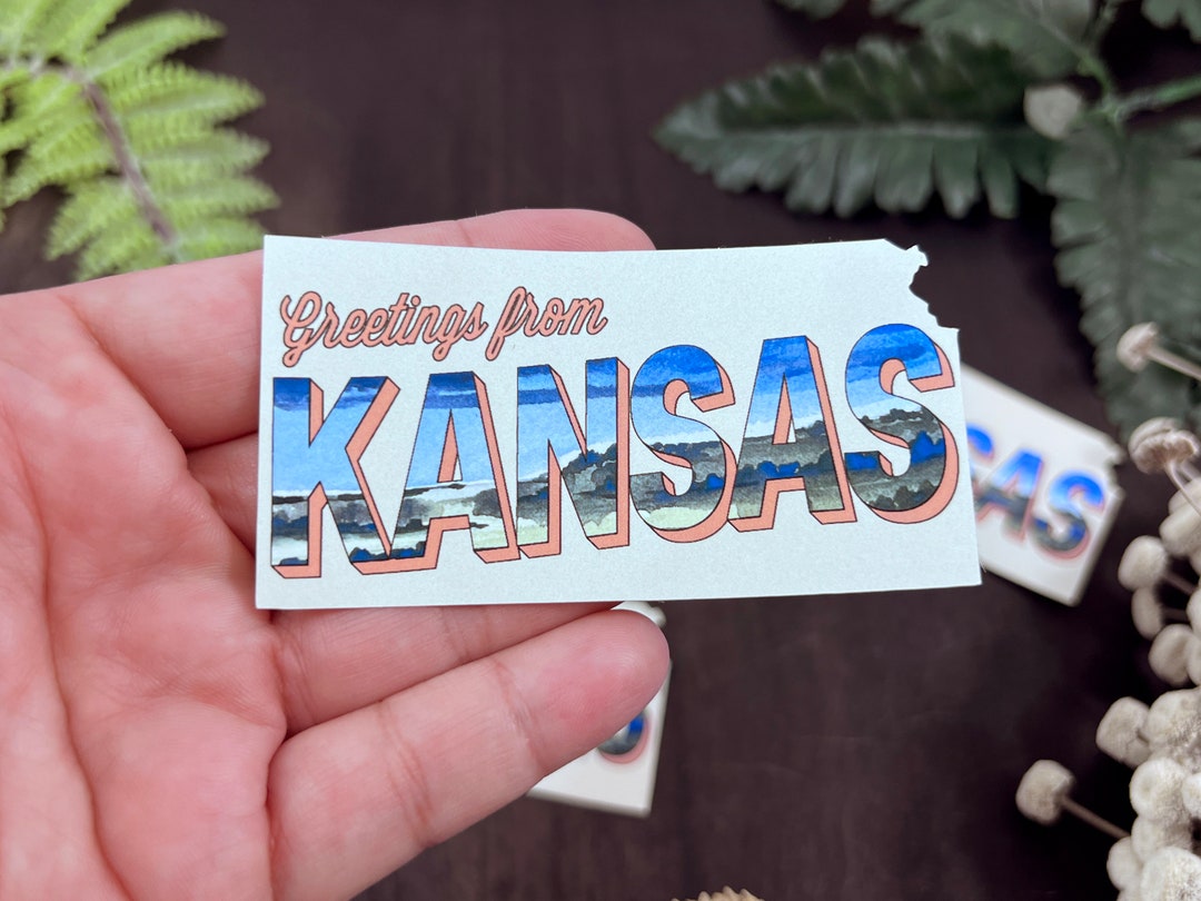 Kansas Weather Sticker Indigo Skies Greetings From Kansas Postcard Style Vinyl Sticker | Die ...