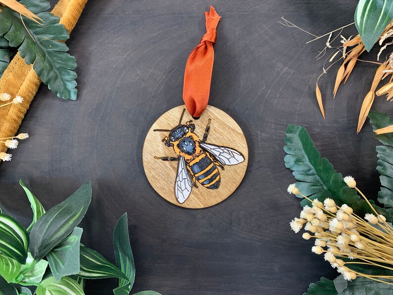 Honeybee Single Layer Wood Ornament Original Art, Shadowbox Art, Holiday Ornament, Christmas Ornament image 1