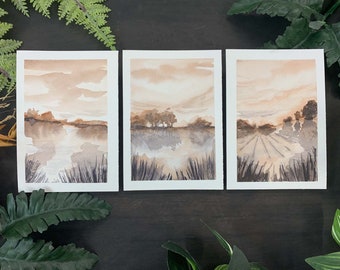 Framed Feeling Original Watercolor Paintings Triptych | Wall Art, Bookcase Art, Shelf Art, Landscape Art