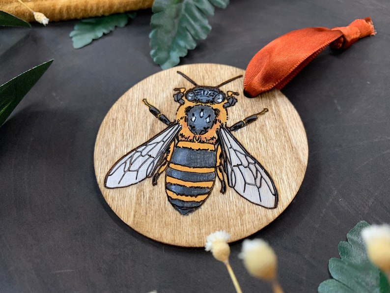 Honeybee Single Layer Wood Ornament Original Art, Shadowbox Art, Holiday Ornament, Christmas Ornament image 3