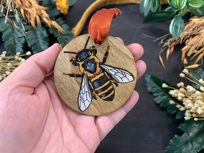 Honeybee Single Layer Wood Ornament Original Art, Shadowbox Art, Holiday Ornament, Christmas Ornament image 4