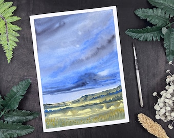 Indigo Skies Original Watercolor Painting | Wall Art, Bookcase Art, Shelf Art, Landscape Art, Artisan Prairie