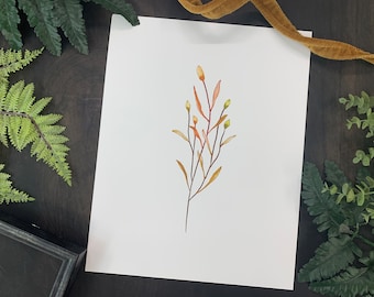 May include: A watercolor painting of a branch with delicate, orange-red leaves and green buds.