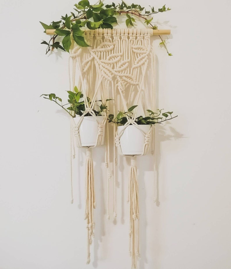 Macrame plant hanger with tassels, Plant holder, Plant hanger on stick, Rope plant hanger, Plant lover gifts, Pots holder, Housewarming image 1