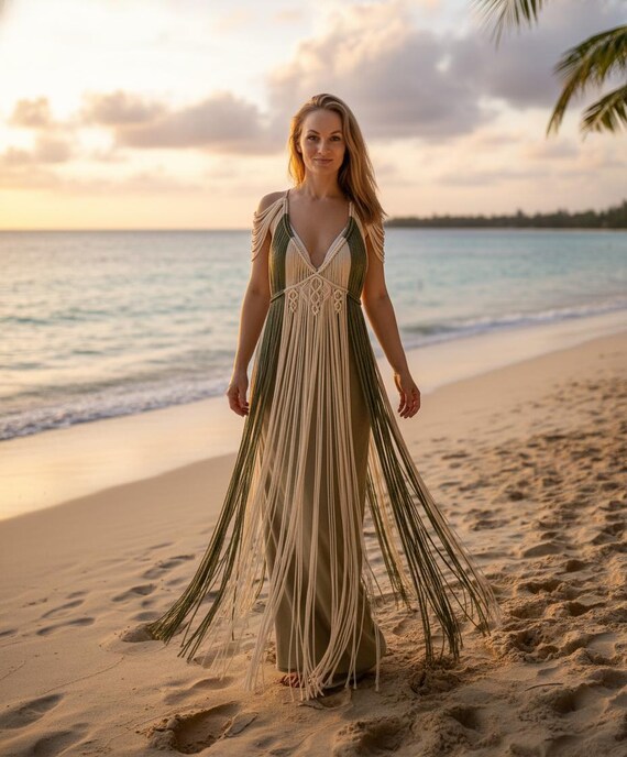 Custom Macrame Bridal Dress - Boho Fringe Beach Outfit, Made to Measure Custom Macrame Bridal Dress - Boho Fringe Beach Outfit, Made to Measure