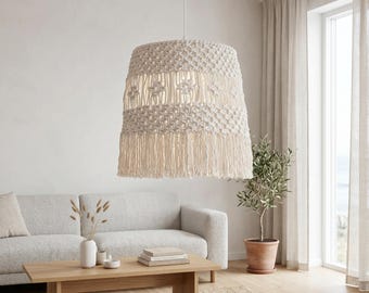 Macrame Lampshade "DESIGN 'N' PLAY" – Boho Ceiling Pendant Light Cover, Hand Woven Cotton Chandelier Shade, Rustic Boho Lamp for Bedroom