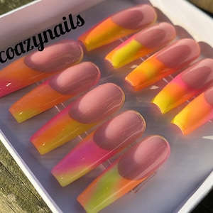 Extra Long Coffin Press On Nails: Ombre Neon Desert Blaze