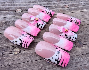 Luxury Press-on Nails: Cheetah Zebra Print With 3D Flowers - Etsy