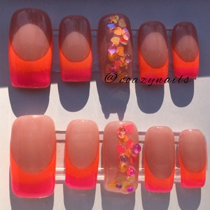 Neon Pink Orange Ombre Press On Nails: Floating Hearts, Medium Square