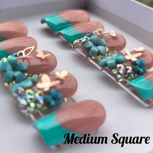 Teal French Tip | Press On Nail Set |  3D Flowers| Butterflies nails | Rhinestone Nails | Nail Art