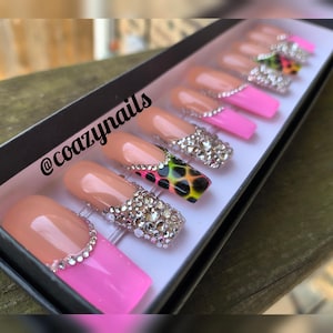 Pink French Tip Press On Nails | Rhinestone Nails | Y2K Animal Print | Extra Long Square | Square Nails | Pink Nails