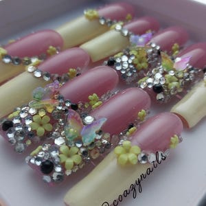 Butterfly Nail | 3D Flower | French Tip Nails | Extra Long Square Nails | Rhinestones | Junk Nail | Handmade nails