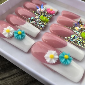 3D Flower French Tip Press On Nails: Bling Butterfly Extra Long