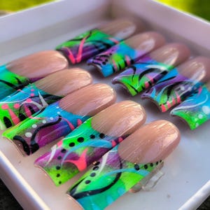 Bright Graffiti Nail Art | Y2K Freestyle Nail Art | Bright & Funky Fake Nails | Extra Long Square Nails | Press-On Nails
