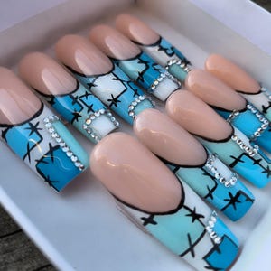 Hues of Blue Geometric Press-On Nails | French Tip | Rhinestone Accents | Extra Long Square Nails | Reusable & Handmade