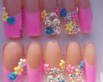 Brishow Künstliche Nägel Mit Blumen & Strass – 24 Stück, Rosa Glitzer, Inkl. Feile & Klebe-Pads – Wiederverwendbar