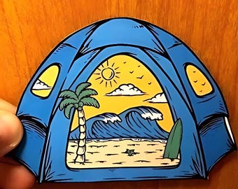 Imán o pegatina laminada resistente a la intemperie para coche/nevera con diseño de tienda de campaña.