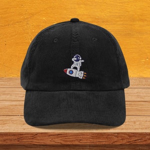 Astronaut Vintage Corduroy Cap, Spaceman Embroidered Hat, To The Moon Cap, Space Lover Gift, Hat With Cosmonaut, Astronaut On The Rocket Hat