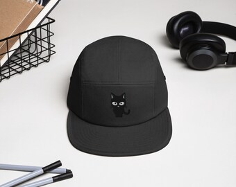 Black Cute Kitty 5-panel Cap, Cat Embroidery, Camper Style