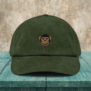 Monkey Corduroy Hat, Monkey Face Embroidery Dad Hat, Ape Baseball Cap, Monkey Lover Gift, Cute Hats With Animals, Monkey Emoji Dad Cap
