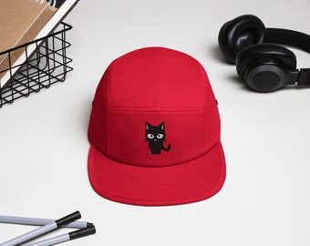 Black Cute Kitty 5-panel Cap, Cat Embroidery, Camper Style